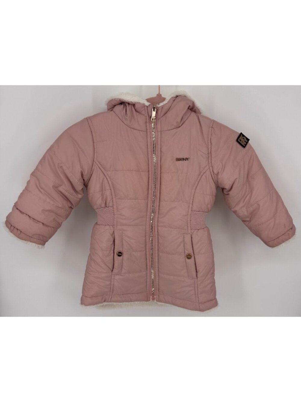 DKNY Girls Reversible Pink Puffer White Faux Fur Winter Jacket Size 3T